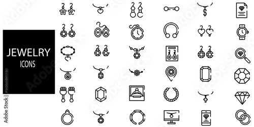 Jewelery simple concept 36 icons set. Contains such ring,earing,diamond,necklace,bangles,chain,locket etc .Vector illustration.