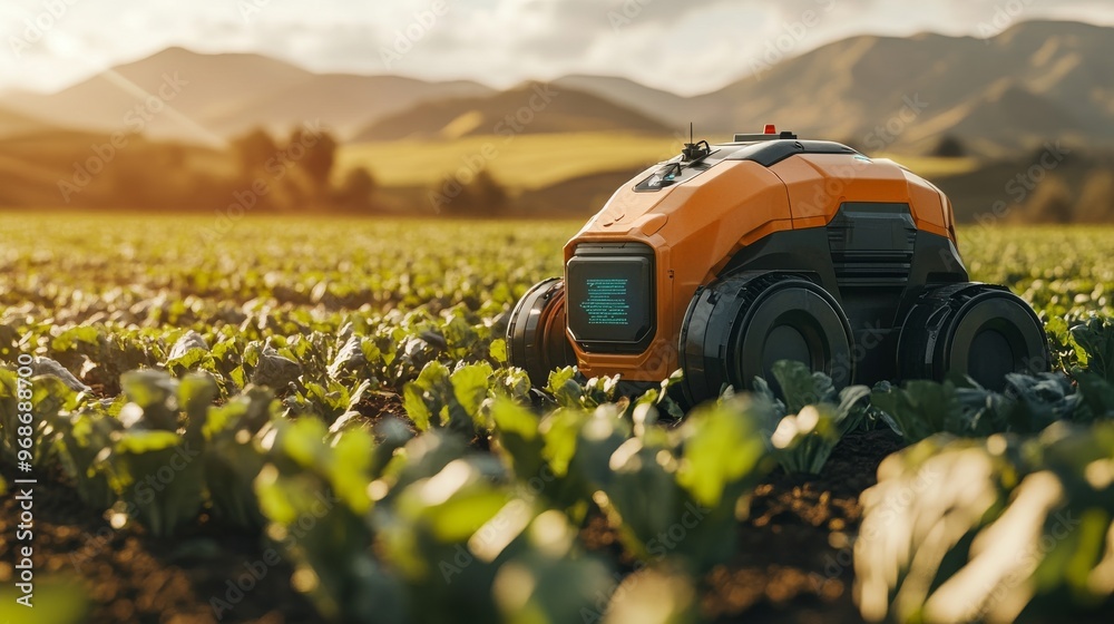 AI-powered agriculture robots working in autonomous farms: Robots tending to crops without human intervention in a futuristic field. AI-powered agriculture robots working in autonomous farms: Robots tending to crops without human intervention in a futuristic field.