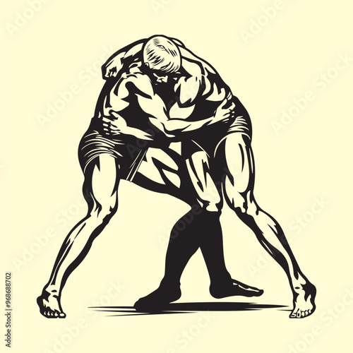 Wrestling match of two strong fighters fight Vector Image on white background