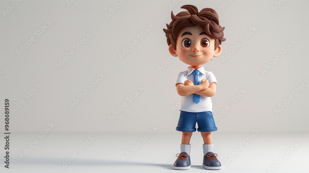 3D cartoon style cute boy wearing school uniform, white shirt, blue shorts, smiling face on clean background. 3D cartoon style cute boy wearing school uniform, white shirt, blue shorts, smiling face on clean background.