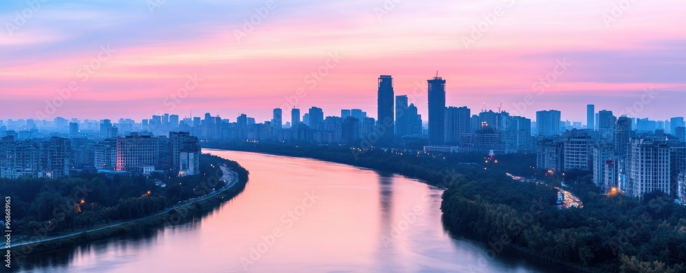 Obraz premium A serene river view reflecting a colorful sky over a modern city skyline at dusk, perfect for travel and landscape visuals.