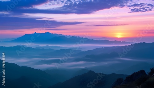 Dreamy sunset over misty mountains under a blue and purple sky, creating a serene and tranquil landscape