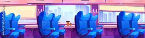 Train interior with inside seat near window vector illustration. Railway travel transport with city view. Business express vehicle for journey with takeaway cup on table. Public railroad panorama