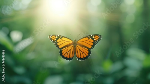 A vibrant butterfly surrounded by lush greenery, illuminated by soft sunlight, symbolizing beauty and nature's serenity.