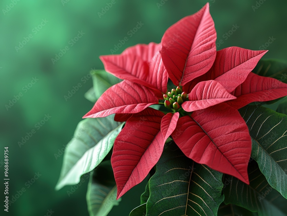 A bright red poinsettia flower with detailed leaves and vibrant colors, festive holiday decor, isolated background, 3D Blender style, close-up, with space for text A bright red poinsettia flower with detailed leaves and vibrant colors, festive holiday decor, isolated background, 3D Blender style, close-up, with space for text