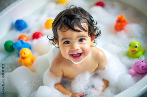 A baby Asian boy playing in a bathtub with her rubber duck and a sponge