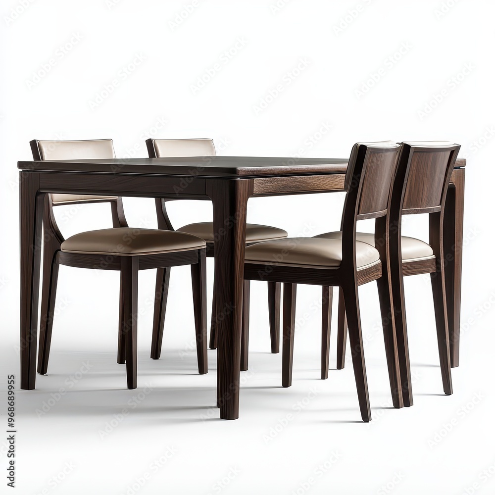 A modern wooden dining table with four upholstered chairs, designed for dining purposes. A modern wooden dining table with four upholstered chairs, designed for dining purposes.