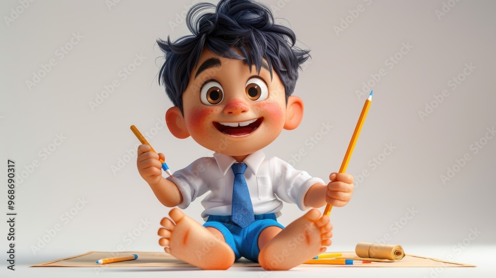 3D cartoon style cute boy wearing school uniform, white shirt, blue shorts, smiling face on clean background. 3D cartoon style cute boy wearing school uniform, white shirt, blue shorts, smiling face on clean background.
