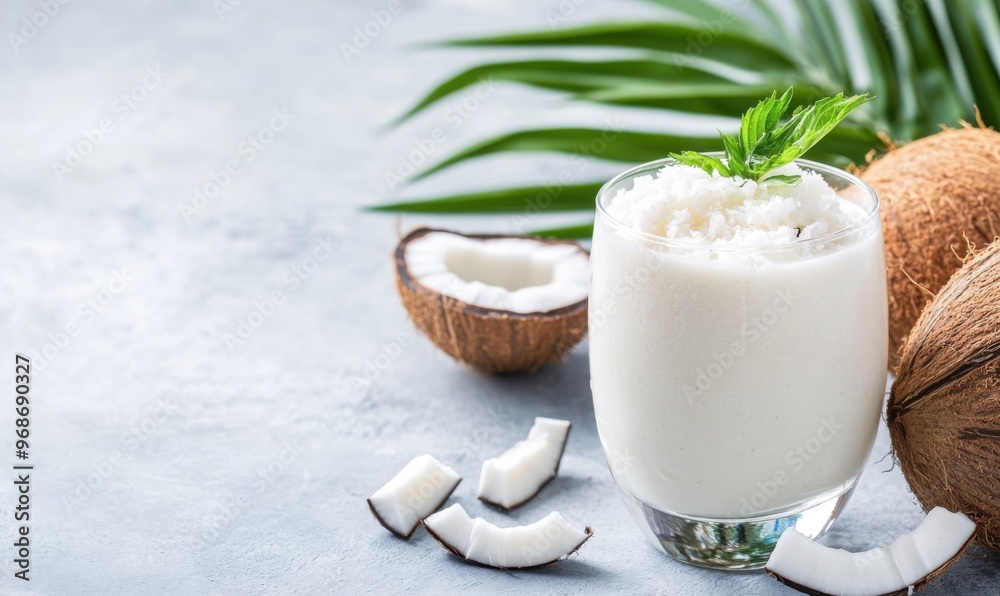 Coconut shake drink in glass and has heap raw coconut scars Coconut shake drink in glass and has heap raw coconut scars