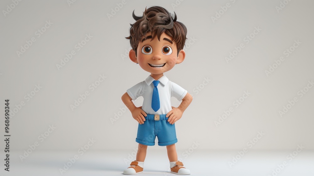 3D cartoon style cute boy wearing school uniform, white shirt, blue shorts, smiling face on clean background. 3D cartoon style cute boy wearing school uniform, white shirt, blue shorts, smiling face on clean background.