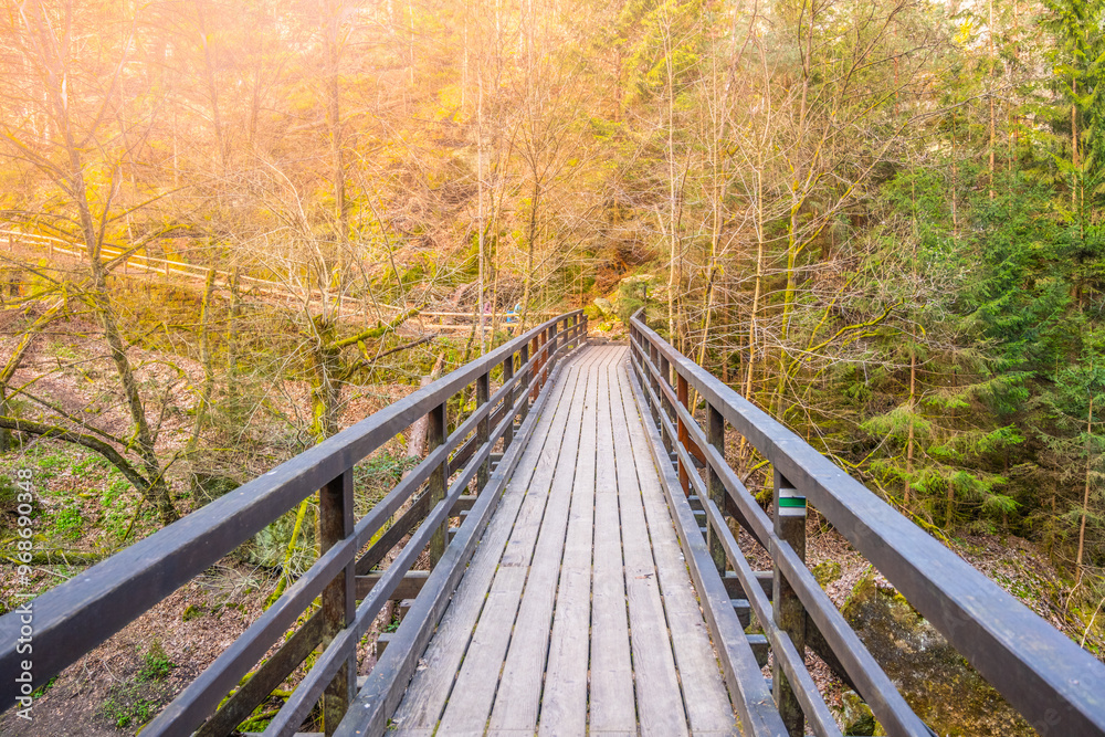 Mezni Bridge spans the Kamenice River in Bohemian Switzerland National Park, surrounded by colorful autumn trees and warm sunlight filtering through the foliage. Mezni Bridge spans the Kamenice River in Bohemian Switzerland National Park, surrounded by colorful autumn trees and warm sunlight filtering through the foliage.