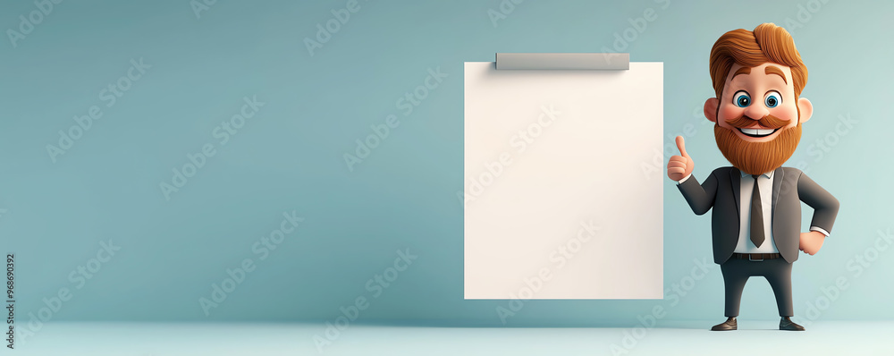 A cheerful businessman stands next to a blank presentation board, ready to share ideas in a modern office setting. A cheerful businessman stands next to a blank presentation board, ready to share ideas in a modern office setting.