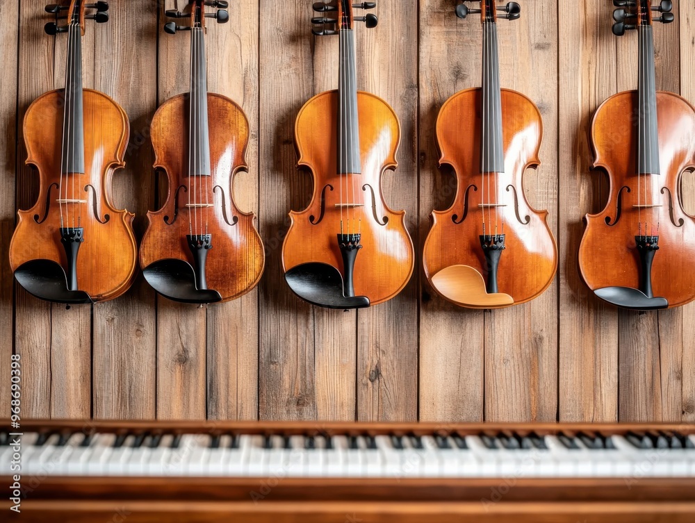 Fototapeta premium A stunning arrangement of violins displayed on a wooden wall, showcasing fine craftsmanship and musical elegance.