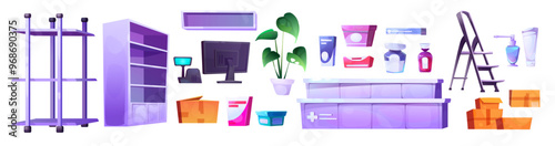 Pharmacy store interior furniture and shelves set. Medical shop in hospital illustration. Isolated drugstore counter, shelf, pill and vaccine box design. Medication bottle and showcase with ladder