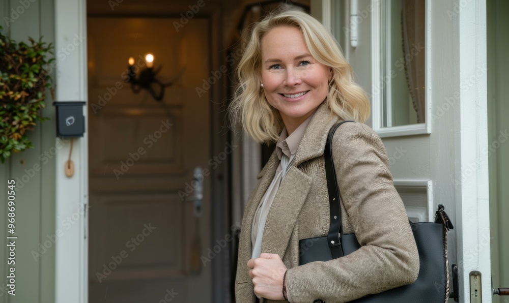 A woman smiles as she walks through a doorway. AI. A woman smiles as she walks through a doorway. AI.