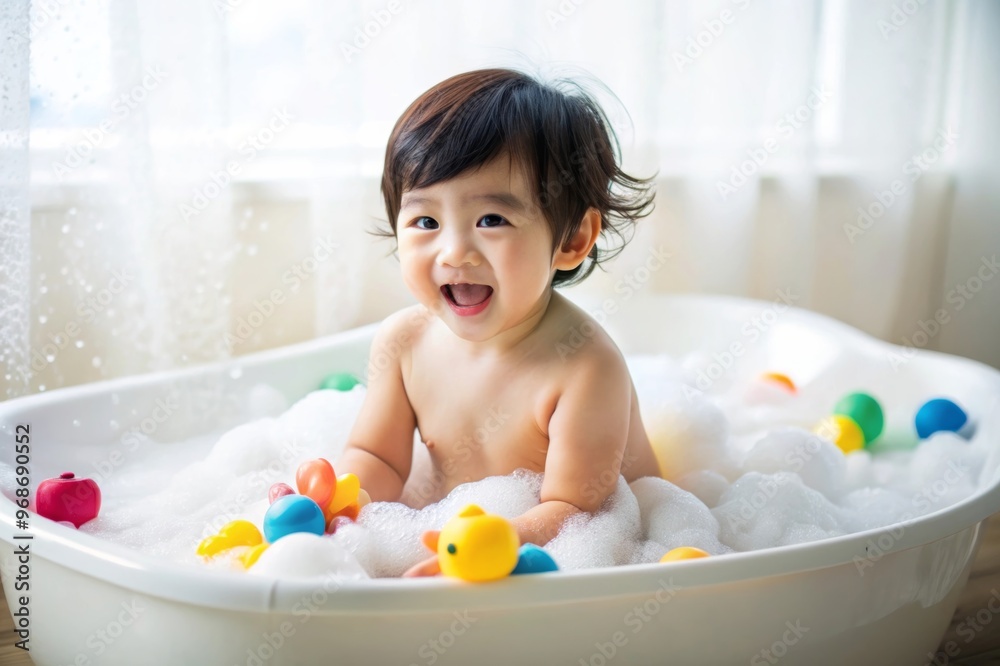 A baby Asian boy playing in a bathtub with her rubber duck and a sponge A baby Asian boy playing in a bathtub with her rubber duck and a sponge