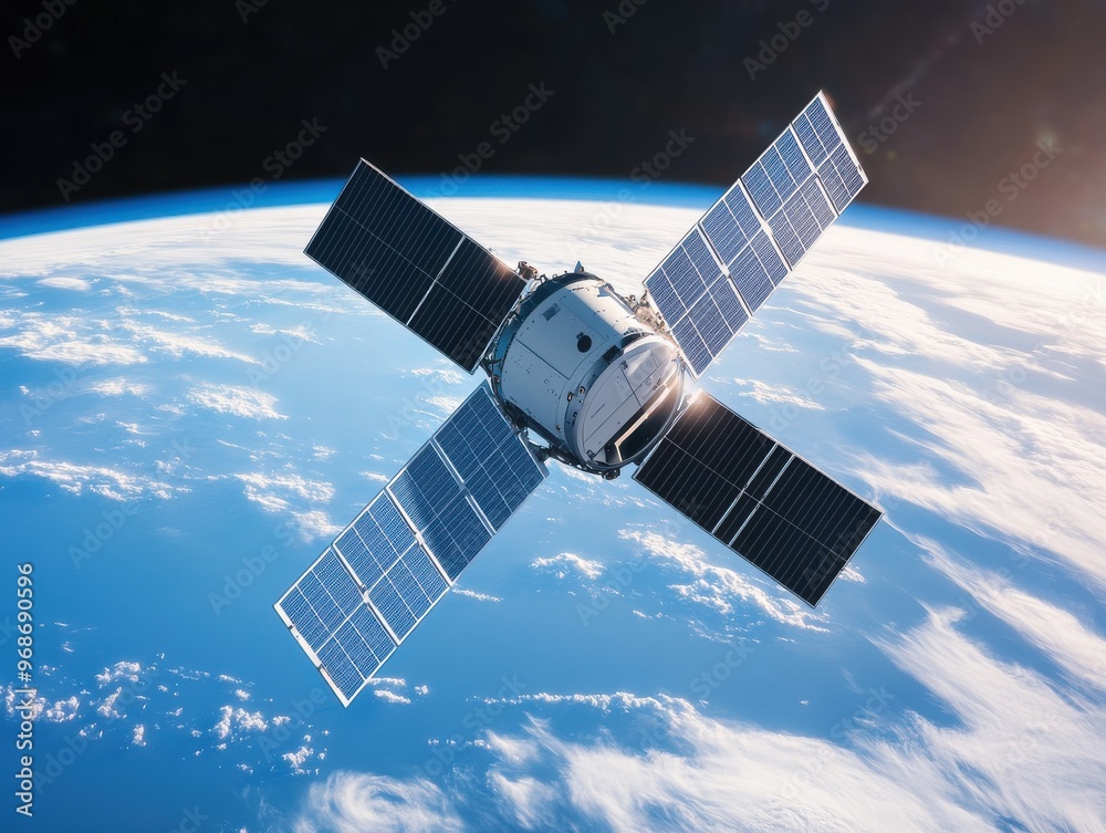 A stunning satellite orbits Earth, showcasing advanced technology and the beauty of our planet from space. A stunning satellite orbits Earth, showcasing advanced technology and the beauty of our planet from space.