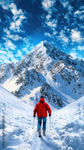 A skier in a red jacket descends a snowy mountain, surrounded by stunning peaks and a vibrant blue sky.