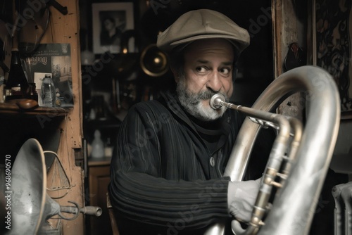 The tuba player. Tuba, vintage, dark, art, jazz, tuba player, close-up, music, fun, bar, passion, atmospheric mood, history, music, Jazzbar, photo