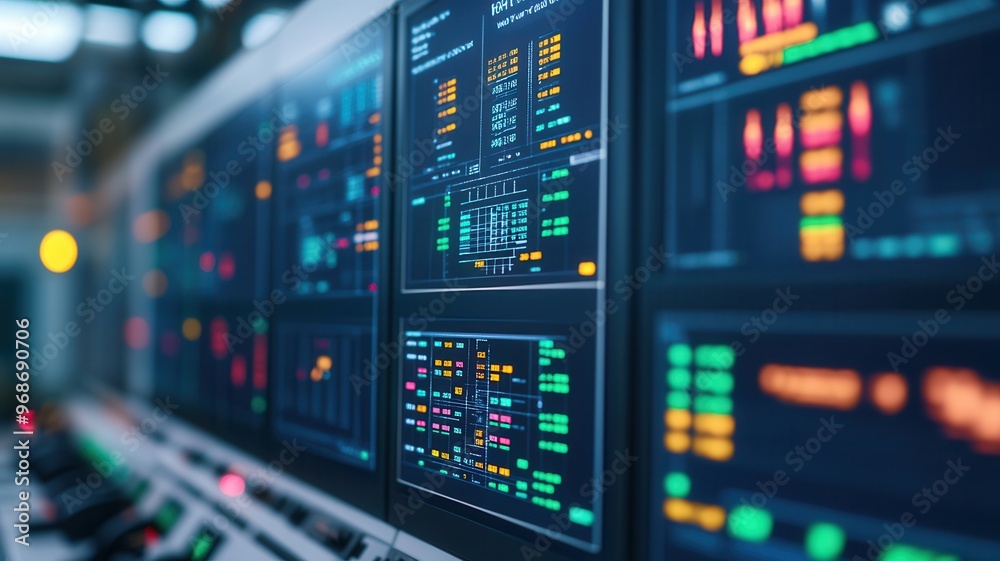 Close-up view of digital control panels displaying vibrant data and signals, showcasing modern technology in action. Close-up view of digital control panels displaying vibrant data and signals, showcasing modern technology in action.