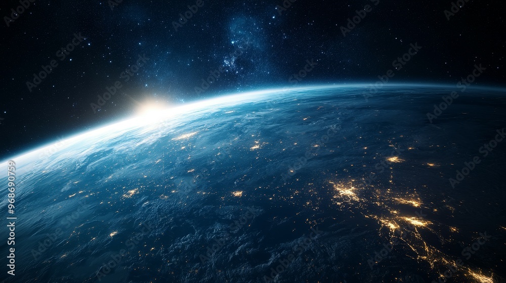 Obraz premium A stunning view of Earth from space, showcasing the horizon and city lights at dawn.