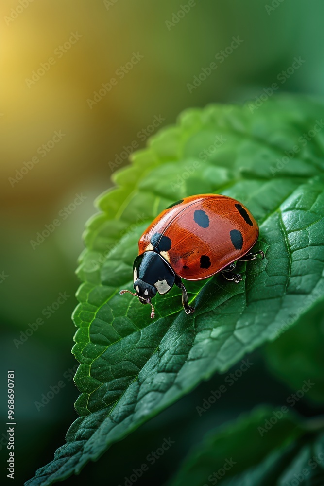 A vibrant ladybug resting on a green leaf, showcasing its striking red color and black spots in a serene natural setting. A vibrant ladybug resting on a green leaf, showcasing its striking red color and black spots in a serene natural setting.