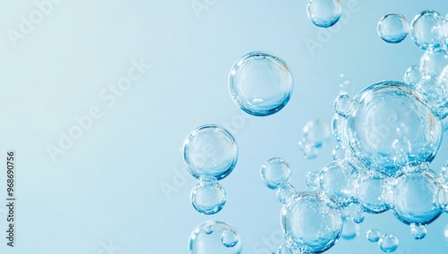 Effervescent fizz and clean cosmetics hygiene or rejuvenate renewable energy. Studio shot of transparent cosmetic blue gas bubbles under water in full-frame macro close up with selective focus blur.