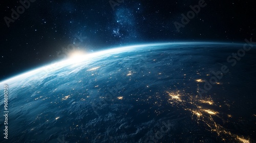 A stunning view of Earth from space, showcasing the horizon and city lights at dawn.