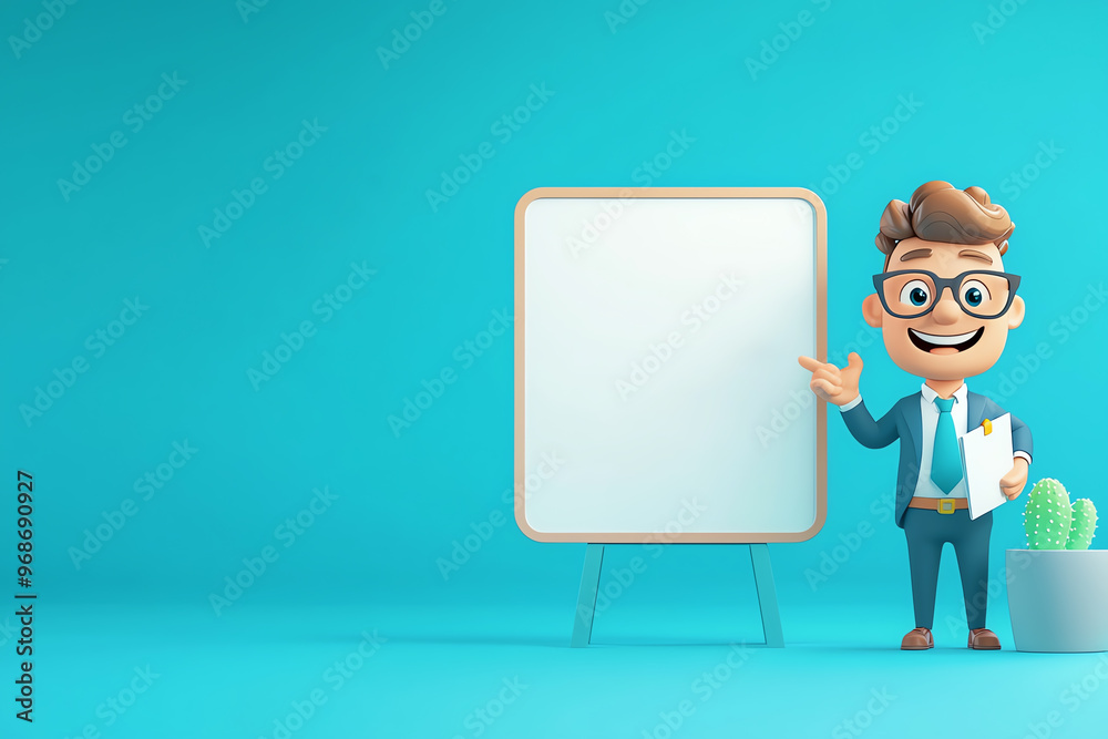 A cheerful cartoon businessman presenting a blank whiteboard against a vibrant blue background, perfect for business themes. A cheerful cartoon businessman presenting a blank whiteboard against a vibrant blue background, perfect for business themes.