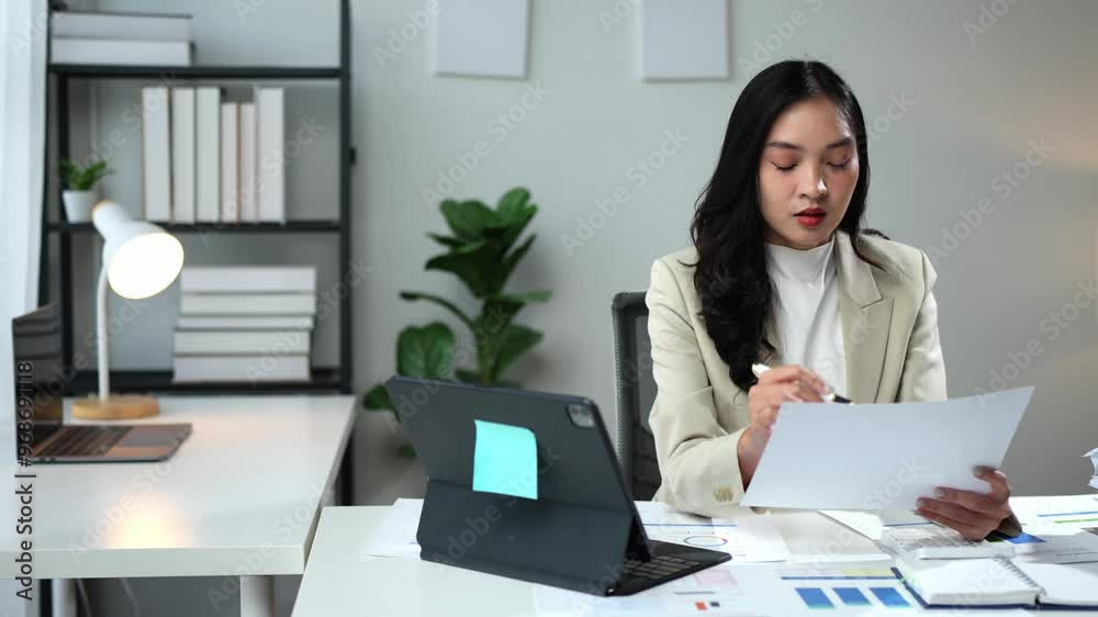 Asian businesswoman  Carrying data documents, graphs, charts through video calls on a laptop, collecting reports, giving presentations in online meetings. Sitting on a desk in the office.
