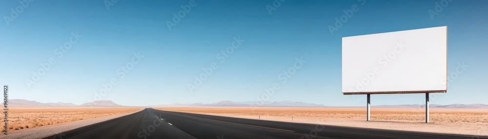 Obraz premium A vacant billboard stands along an empty road in a vast, open landscape under a clear blue sky.