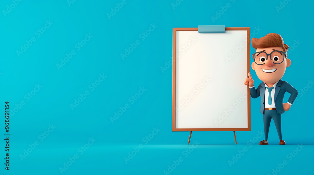 A cheerful cartoon businessman stands next to a blank flip chart, ready to present ideas. Ideal for business and presentation themes. A cheerful cartoon businessman stands next to a blank flip chart, ready to present ideas. Ideal for business and presentation themes.