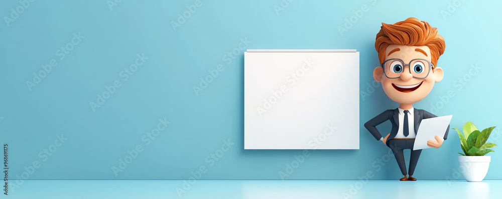 A cheerful cartoon businessman stands with a blank sign, ready to share ideas, against a blue background with a potted plant. A cheerful cartoon businessman stands with a blank sign, ready to share ideas, against a blue background with a potted plant.