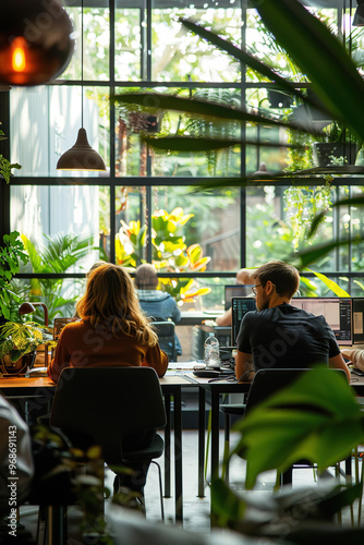View of people from behind, working on their computers in an open office with large windows and many coworking plants in an informal atmosphere