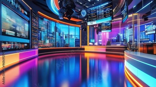 A modern newsroom with colorful LED screens displays news updates against a bright city skyline backdrop photo