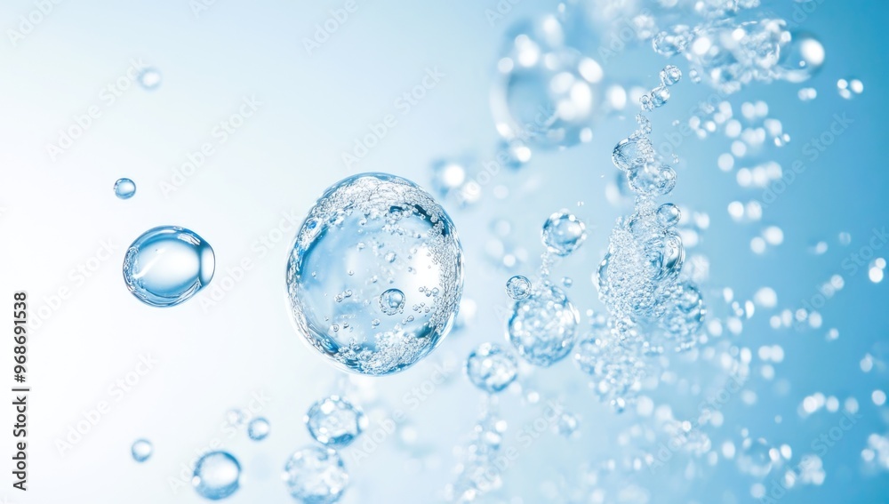 Effervescent fizz and clean cosmetics hygiene or rejuvenate renewable energy. Studio shot of transparent cosmetic blue gas bubbles under water in full-frame macro close up with selective focus blur. Effervescent fizz and clean cosmetics hygiene or rejuvenate renewable energy. Studio shot of transparent cosmetic blue gas bubbles under water in full-frame macro close up with selective focus blur.