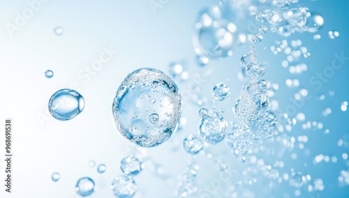 Effervescent fizz and clean cosmetics hygiene or rejuvenate renewable energy. Studio shot of transparent cosmetic blue gas bubbles under water in full-frame macro close up with selective focus blur.