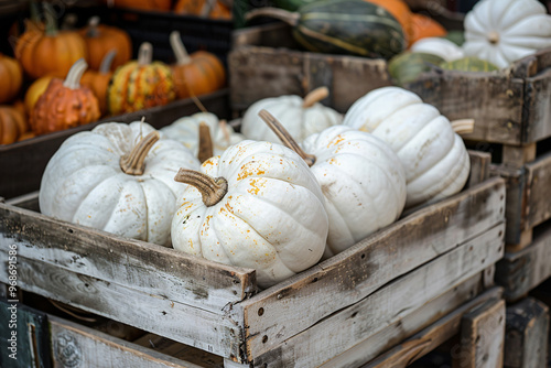 Large white pumpkins on wooden crrates at farmer's market photo