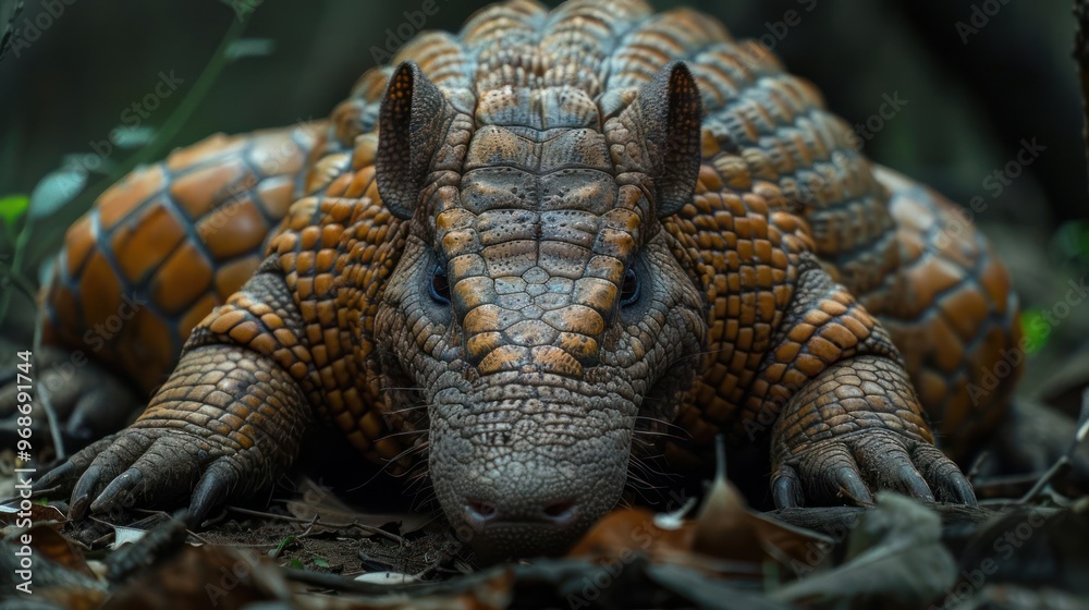 Naklejka premium A close-up image of an ancient alligator with a textured body and a long snout,