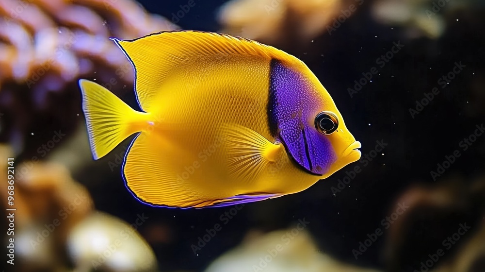Naklejka premium Yellow and purple-colored tropical fish swimming in an aquarium