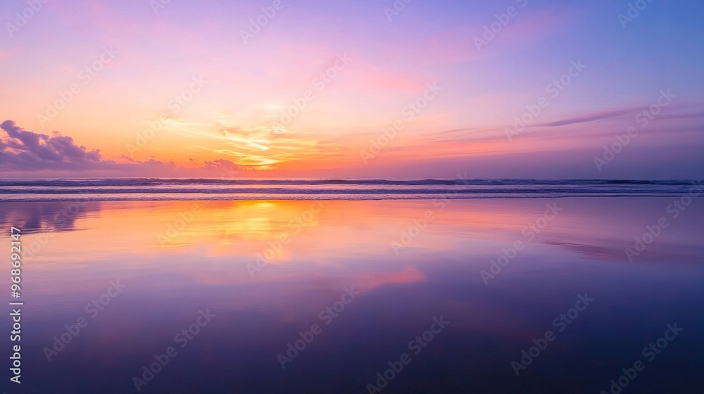 Fototapeta premium Sunset over the ocean with vibrant colors reflecting on water, peaceful nature scene. Serenity and tranquility concept