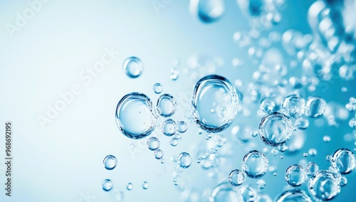 Effervescent fizz and clean cosmetics hygiene or rejuvenate renewable energy. Studio shot of transparent cosmetic blue gas bubbles under water in full-frame macro close up with selective focus blur.