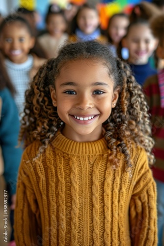 A young girl smiles brightly for the camera. AI.