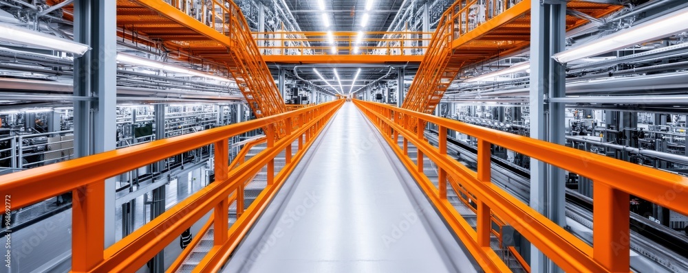 Fototapeta premium A wide pedestrian walkway in a modern industrial facility with orange railings, highlighting efficient design and structure.