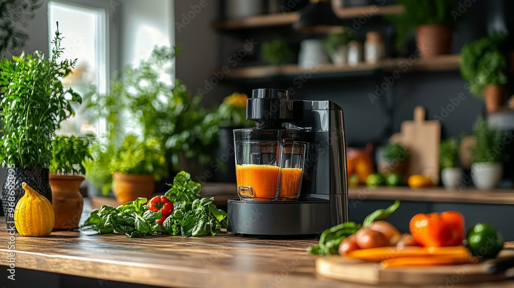 Freshly Squeezed Orange Juice with Juicer in Modern Kitchen Freshly Squeezed Orange Juice with Juicer in Modern Kitchen