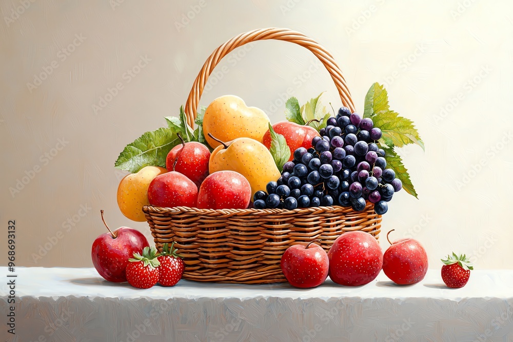 A vibrant basket filled with various fresh fruits, including apples, grapes, and strawberries, showcasing a colorful bounty. A vibrant basket filled with various fresh fruits, including apples, grapes, and strawberries, showcasing a colorful bounty.