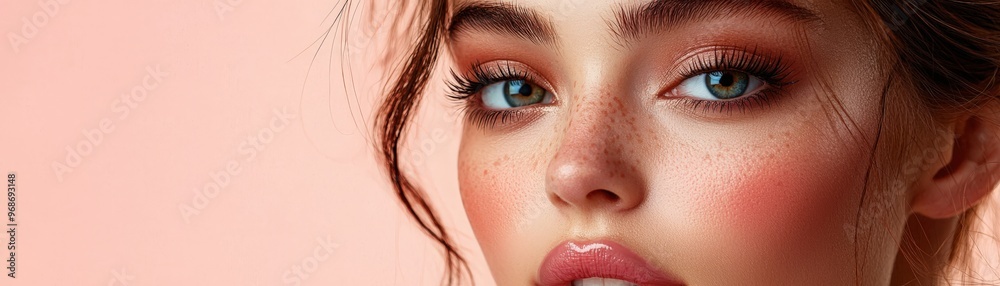 Fototapeta premium Flawless makeup application, high-quality stock image, elegant and radiant look digital background with copy space