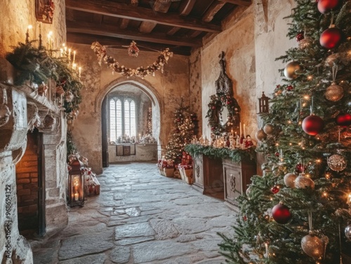 A Rustic Christmas Interior with Decorated Trees and Candles