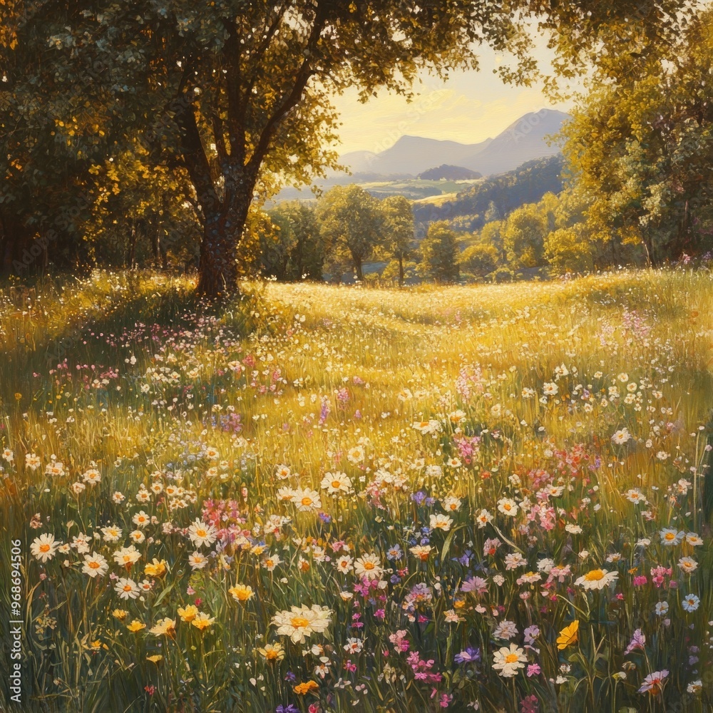 Fototapeta premium Summer Meadow with Wildflowers and Mountains in the Distance