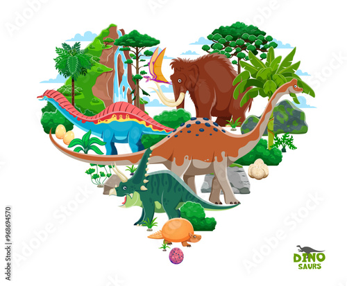 Prehistoric dinosaur characters in the heart shape. Vector vibrant dino species, mammoth and dimorphodon at lush landscape with mountains, trees, ferns, rocks and eggs, ancient prehistoric environment